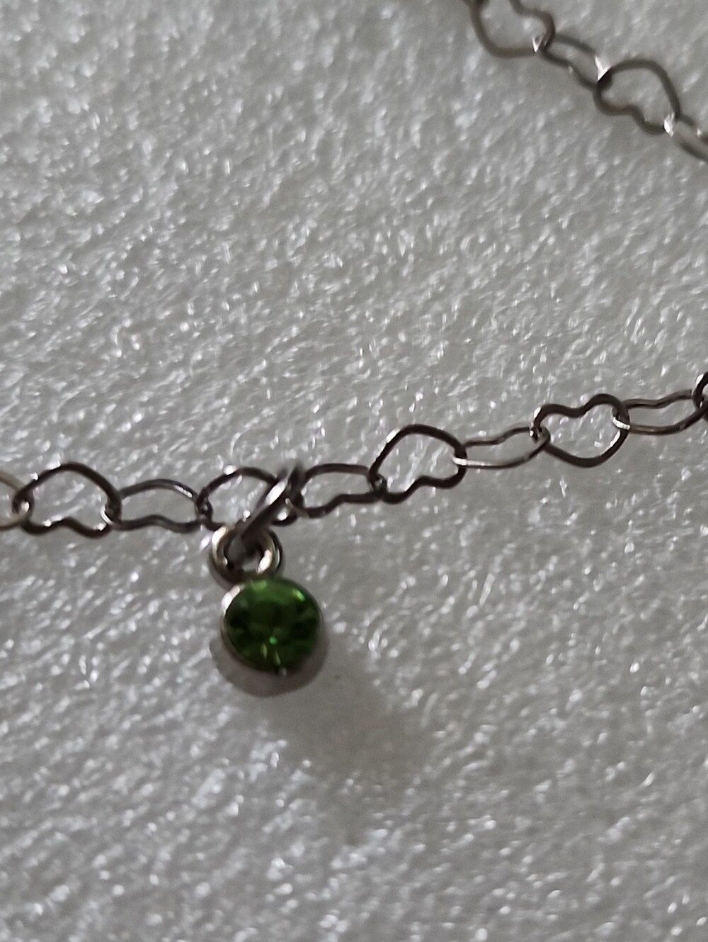 Hand Crafted Silver Heart Chain Bracelet / Anklet with Green Crystal